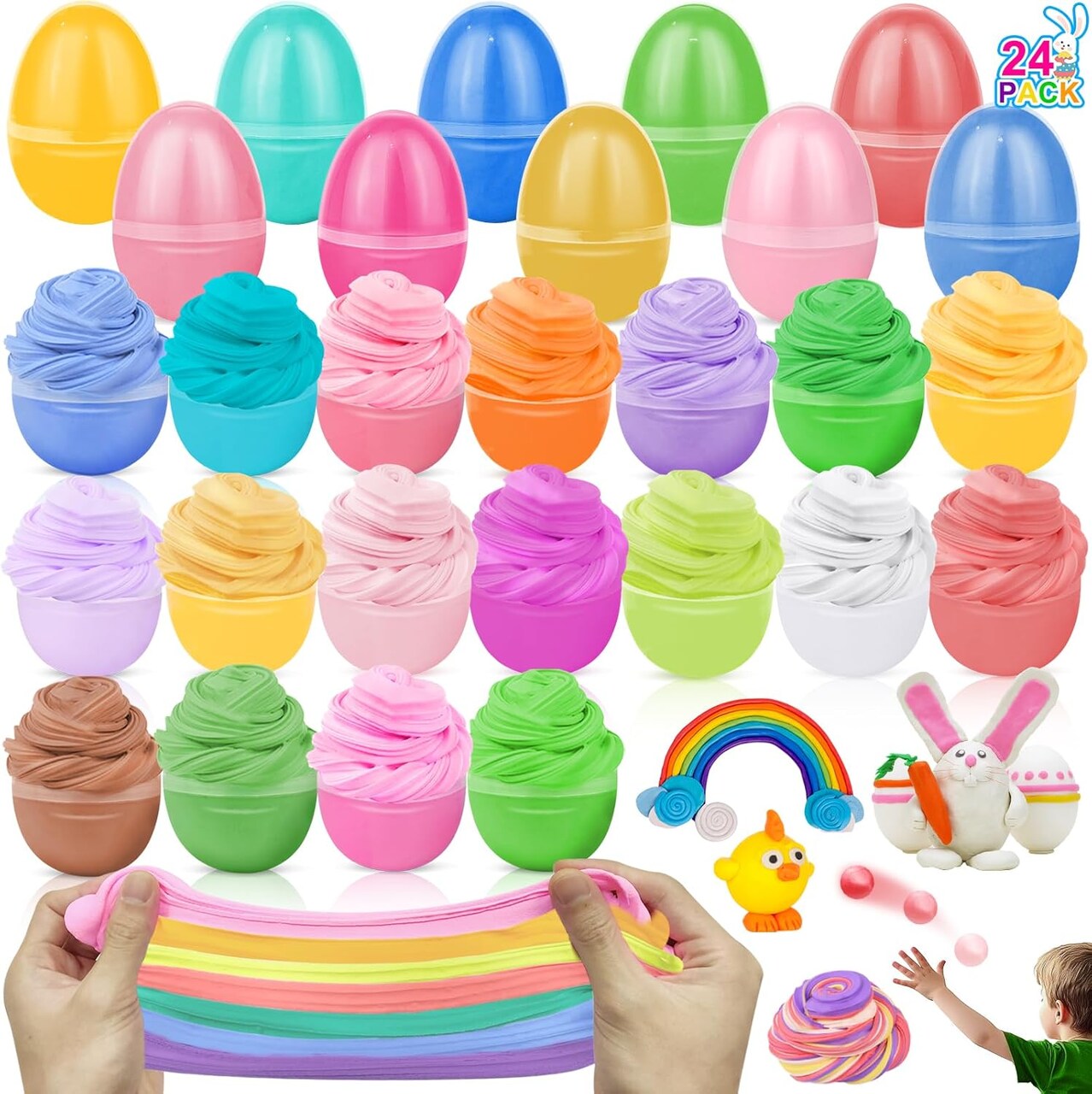 24 Pack Easter Basket Stuffers Fillers Butter Slime Kit Easter Eggs Fidget Toys Stress Relief Non-Sticky Stretchy